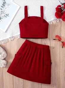 2pcs/Set Girls Casual Fashion Maroon Rib-Knit Top With Pockets & Faux Placket, Paired With Maroon Rib-Knit Skirt With Pockets, Comfortable Spring/Summer Outfit For Girls