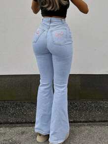 Fashion Back Pocket Embroidered Bow Decoration Skinny Flare Jeans
