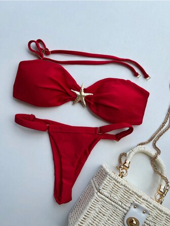 2 件金属海星装饰筒形文胸和高腰比基尼泳裤套装，可调节泳衣