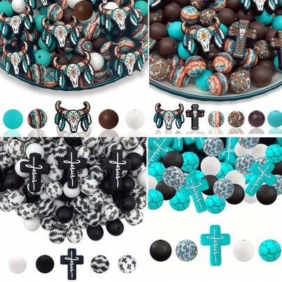 25PCS Highland Cow, Cross Vintage Pattern Silicone Beads Set, Suitable For DIY Crafts, Bracelet, Keychain And Jewelry Making - Silicone Material, Various Shapes And Sizes, Fashionable Animal Design, Multipurpose Crafting
