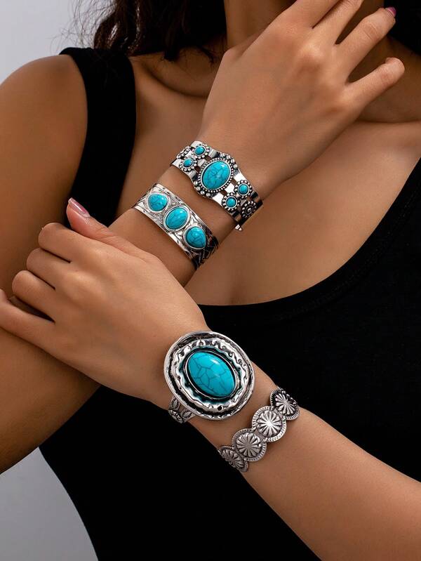 4 Styles Vintage Silver Inlaid Green Turquoise Cuff Bracelets, Retro Elegant Fashion Suitable For Valentine's Day Gifts, Parties & Daily Wear