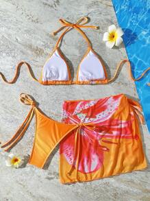 3 件套渐变热带花卉印花女式比基尼套装：可调节比基尼上衣、系带下装和罩衫裙，适合海滩和派对穿着 - 橘色 - 查看 2