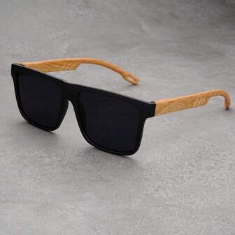 1 Pair Men's Square Shaped Black Plastic Wood Grain Mirror Reflection Vintage Classic Fashion Fashion Glasses, Suitable For Outdoor, Driving, Party, Vacation Attire For Summer Beach Vacation,Outdoor,Travel