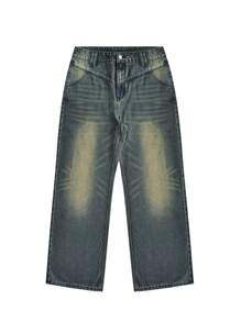 American High Street Design Washed Cat Whisker Distressed Blue Jeans Men's Loose Straight Denim Trousers