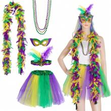 Ensemble d'accessoires de costume de Mardi Gras : Tutu, Serre-tête à plumes factices, Masque, Collier de perles de Mardi Gras,Boa en plumes pour femmes et filles pour Halloween