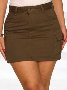 Women's Fashion Cargo Jeans Mini Skirt With Pocket - 軍綠色 - 查看 1