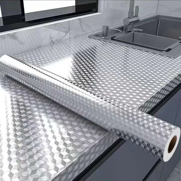 COSANSYS NEW 10M Waterproof OilProof Aluminum Foil Sticker Self Adhesive Kitchen Wallpaper Kitchen Waterproof Oil Proof Aluminum Foil Sticker, Silver Chequer Peel And Stick Wallpaper Removable And Self Adhesive Paper For Kitchen Countertops Desk Cabinet