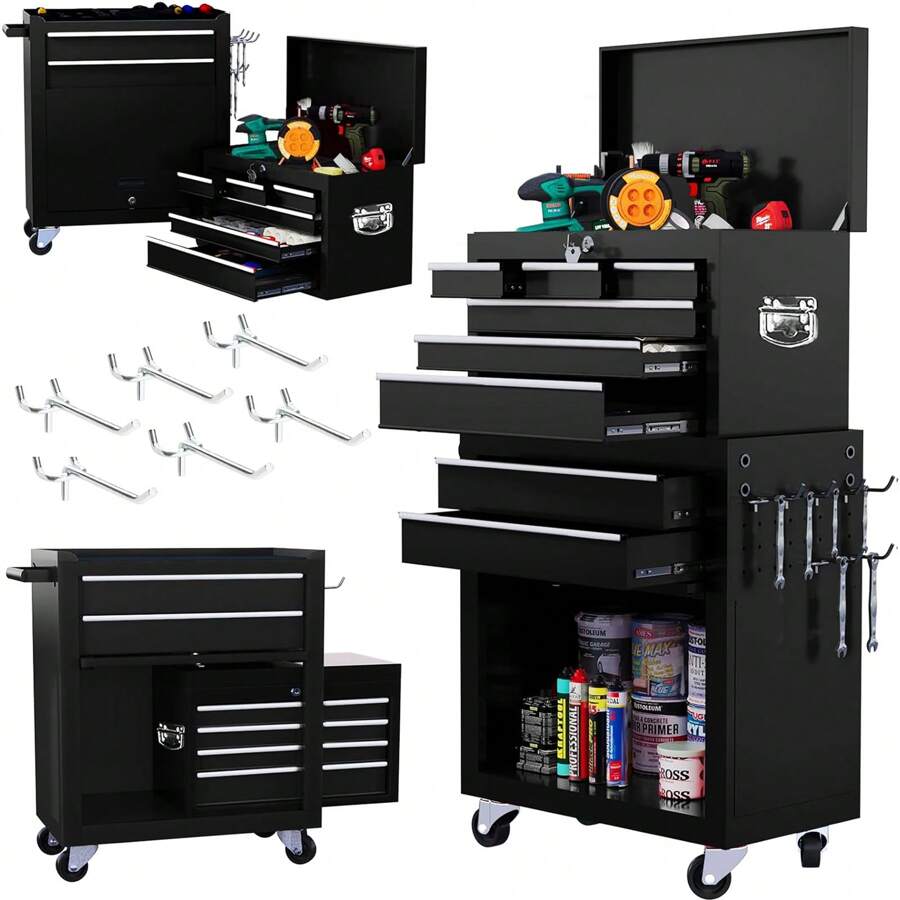 Tủ đựng đồ nghề 8 ngăn kéo có bánh xe có khóa và hộp đựng đồ nghề có thể tháo rời, xe đẩy đồ nghề đa năng lý tưởng cho việc sắp xếp kho và xưởng, giải pháp lưu trữ chịu lực cho những người đam mê DIY và chuyên gia, lý tưởng cho các dự án cải thiện nhà cửa, cải tạo nhà để xe và các công việc bảo trì theo mùa, nâng cao hiệu quả không gian làm việc của bạn với đơn vị lưu trữ đồ nghề bền và phong cách này, món quà hoàn hảo cho những người thợ sửa chữa và những người yêu thích thủ công, tối đa hóa năng suất của bạn với khả năng di chuyển dễ dàng và các tùy chọn lưu trữ an toàn. - màu đen - Xem 1