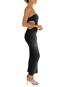 Women's Bodycon Tube Dress, Strapless Side Cutout Contrast Color Ribbed Long Dress - Black - View 2
