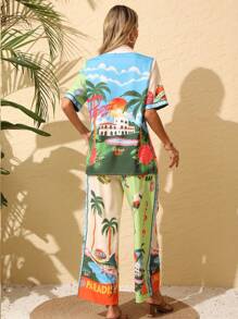 YI XUAN Plus Size Women's Two Pieces Set, Boho Beach Palm Tree Print, Casual Top And Pants