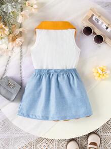 MommBaby Summer 2pcs Outfit For Baby Girls, Sleeveless Knitted Polo Collar Blouse And Butterfly Ruffle Trim Skirt, Perfect For Party & Outdoor Activities - Multicolor - View 3