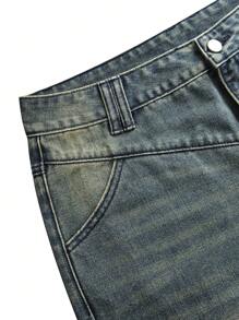 American High Street Design Washed Cat Whisker Distressed Blue Jeans Men's Loose Straight Denim Trousers