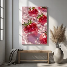 1pc Framed Canvas Wall Art, Pink Strawberry Art Print Canvas Poster, Ideal Gift For Bedroom Living Room Hallway Dorm Wall Decor