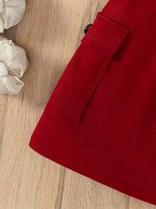 2pcs/Set Girls Casual Fashion Maroon Rib-Knit Top With Pockets & Faux Placket, Paired With Maroon Rib-Knit Skirt With Pockets, Comfortable Spring/Summer Outfit For Girls