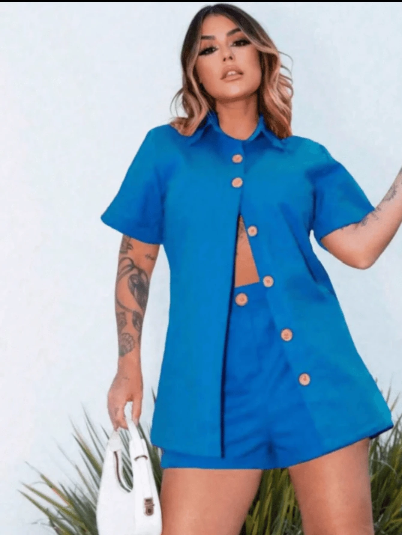 Linen Shorts And 3/5 Sleeve Shirt Set - Cadet Blue - View 1