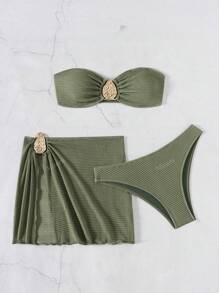 Set de 3 piezas de nuevo bikini de moda y sexy de unicolor marrón para mujer en traje de baño, conjunto de sujetador de halter y Bottom de bikini para playa en verano
