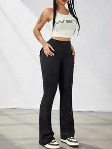 Y2K 宽腰带高弹力口袋紧身臀部健身提臀运动健身喇叭腿紧身裤工装裤 - 黑色 - 查看 5