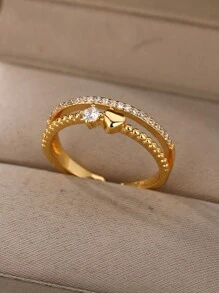 Anéis de aço inoxidável com zircônia cúbica em formato de coração, banhados a ouro 18K, com duas camadas, ajustáveis, abertos, para mulheres, mães, românticas, douradas, férias, acessórios de joias para casamento, presentes para o dia das mães e dia dos namorados - Aço inoxidável - Ver 5