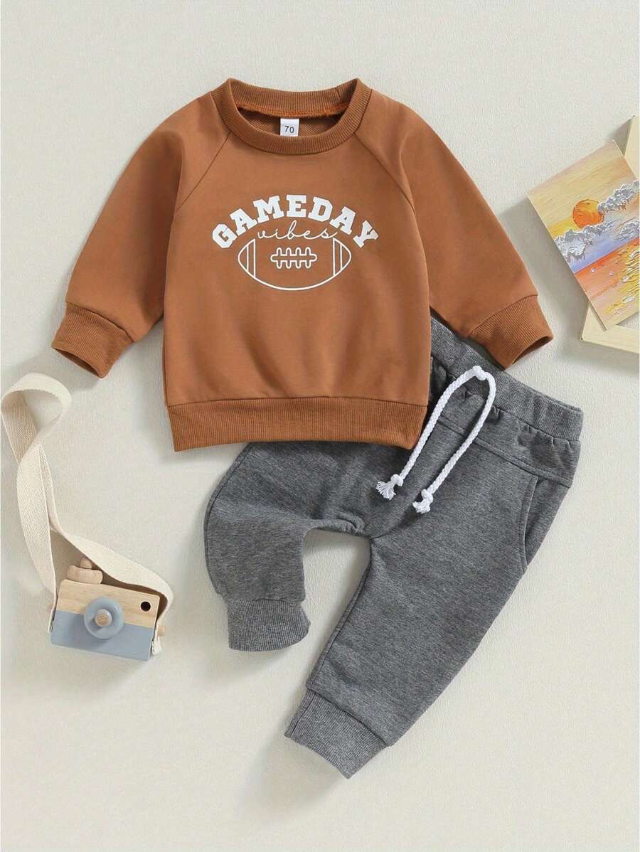Toddler Boys 2PCS Pants Sets Long Sleeve Letter Rugby Print Sweatshirt Tops And Drawstring Pants - Brown - View 1