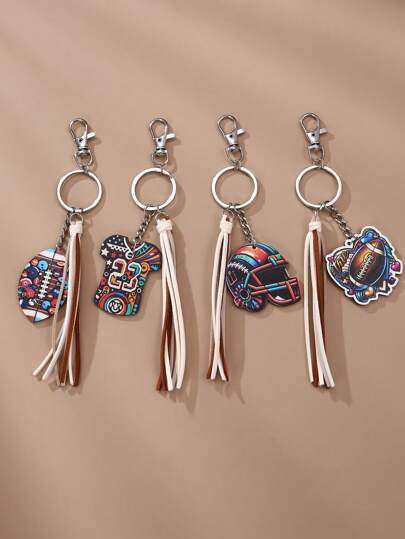 1件时尚优雅的棕色彩色橄榄球球衣印花木质钥匙扣吊坠，适合日常、节日、派对搭配