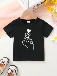 3 件套柔软、时尚、舒适、可爱的女孩手势和心形印花 T 恤套装 - 彩色 - 查看 5