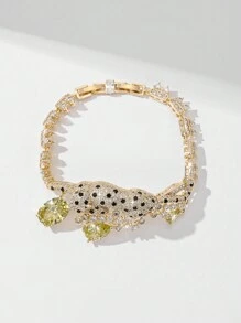 1pc Classic Fashion Cubic Zirconia Inlaid Copper Electroplated Gold Chain Bracelet With Layered Leopard Olive Green Stone, Adjustable Length, Comes In Premium Gift Box, Suitable For Mother/Valentine's Day Couples/Sisters/Friends, Everyday & Holidays Wear - Golden - View 6