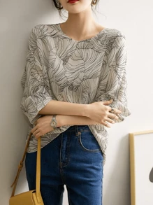 YUXIN Women Summer Loose Abstract Print Thin 3/4 Sleeve T-Shirt, Minimalist Pullover Casual Top