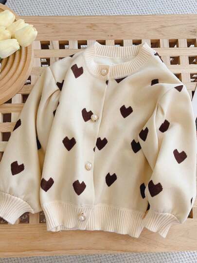 enmi bear Young Girl Knit Cardigan Cute Heart Pattern Sweater Jacket, Long Sleeve Lantern Sleeve Top, Korean Style