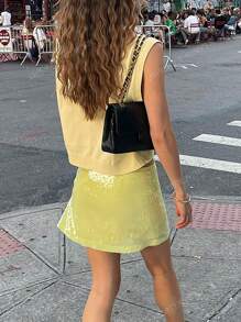 Women's Spring And Summer Vacation Round Neck Goose Yellow Sleeveless Casual Versatile Knitted Top,Work/Office 