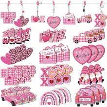 24Pcs Pink Valentine's Day Wooden Ornaments, Wood Heart Shaped Hanging Ornaments, Truck Gnome Bear Cupid Wood Slices Tags With Rope Party Decorations Supplies Home Decor For Wedding Anniversary Crafts