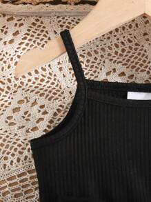 2pcs Baby Girl Ribbed Fabric Floral Embroidered Mesh Strap Dress And Hat Set - Black - View 4