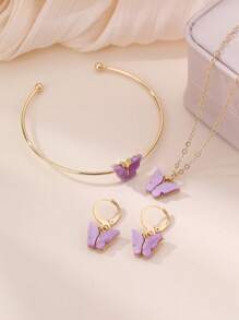 4pcs/Set Girls' Acrylic Butterfly Necklace, Bracelet, And Earring Set - Multicolor - View 15