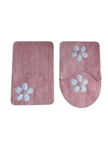 Cotton Bath Mat Set Kit With 3 Pieces Low Pile Applique Various Colors - Baby Pink - View 1