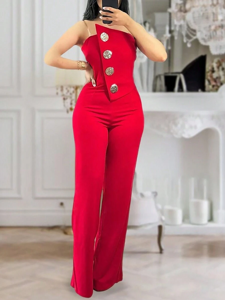 ChicMe 不对称抹胸露肩连体裤金属纽扣装饰休闲工装裤 - 紅色 - 查看 1