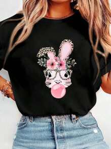 Women's Easter Shirts Easter Bunny Printed T Shirts Funny Rabbit Easter Graphic Tee Happy Easter Holiday Top Crew Neck Short Sleeve T-Shirt, Casual Print Graphic Cotton Tees Women Tops