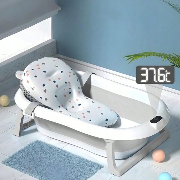 FOLDABLE BATH , INFANTS, SILICONE THERMOMETER LCD PILLOW ' Foldable Bath Tub Bathtub With Thermometer , Cushion & Bath Net', Foldable Bathtub With Thermometer And Bath Cushion - Safe And Comfortable Bath For Newborn.