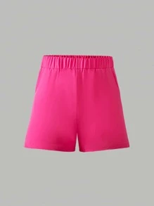 Conjunto de 3 peças de roupa casual para meninas: camisa de manga comprida com estampa floral fúcsia + shorts confortáveis de cor sólida fúcsia + camisola de malha preta, adequada para uso casual diário da moda - Preto - Ver 5