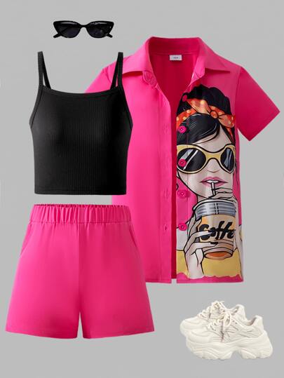 3 Stücke Set mit lässigem Mädchen-Outfit: Langärmliges Hemd mit fuchsiafarbenem Blumen Muster + bequeme Shorts in fuchsiafarbener einfarbiger Optik + schwarzes Strick-Camisole, geeignet für modische Freizeitkleidung im Alltag.