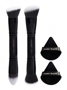 MAANGE 4 piezas Juego de herramientas de maquillaje profesional, 2 piezas Brochas de maquillaje faciales de doble extremo y 2 piezas Esponja de polvo triangular, Brocha de base biselada y cónica, Brocha de contorno, Brocha de sombra, Herramientas de maquillaje con fibra suave y amigable con la piel para un fácil transporte, Juego para viajes, Regalo para mujeres y niñas, Juego de brochas, Juego de brochas de maquillaje, Juego completo de maquillaje, Juego de brochas de maquillaje, Juego de maquillaje completo, Juego de brochas, Juego de brochas de maquillaje, Juego de regalo de maquillaje, Juego - Negro - Ver 3