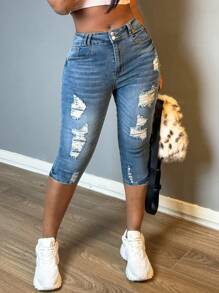 Women's Cropped High Waisted Ripped Tight Jeans Elastic Denim Cropped Pants With Pockets