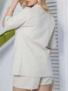 Linen Shorts And 3/5 Sleeve Shirt Set - Beige - View 2