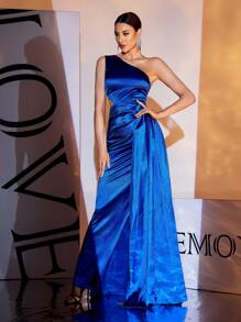 LOVE&LEMONADE Blue Satin One Shoulder Split Flowy Maxi Evening Gown,Party Dress,Formal,Wedding Guest - Blue - View 4