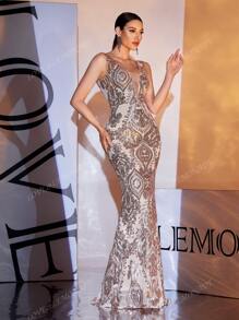LOVE&LEMONADE Gold V-Neck Spaghetti Strap Sequin Backless Floor-Length Formal Gown Dress (Front Upper Body, Random Floral Print On The Back), Party Dress, Wedding Guest Dress, Evening Dress