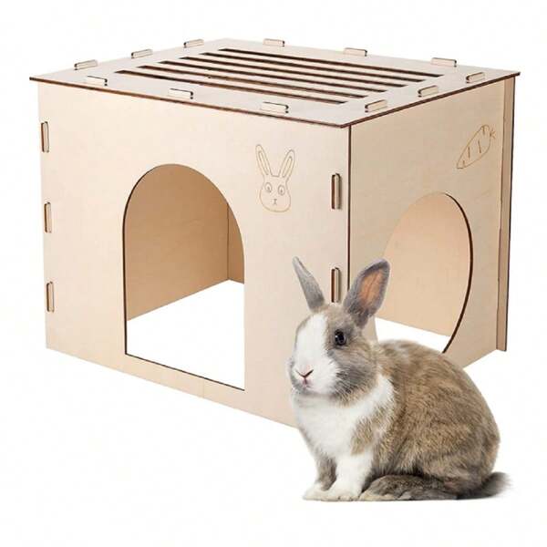 1 Set Wooden Rabbit Hideout Castle, Rabbit Houses And Hideouts, Wooden Rabbit Bunny Hideout For Indoor Bunnies Chinchilla, Hamsters And Guinea Pigs Hut To Hide