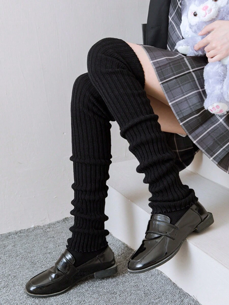 1 双 70 厘米厚加长日式学院风女士针织腿套，秋冬季过膝腿套瑜伽袖袜 - 黑色 - 查看 1