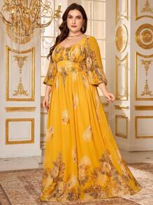SUPGIR Plus Size Random Cut Floral Print Sweetheart Neck Long Lantern Sleeve Chiffon Elegant Midi Dress, Party Dress, Wedding Guest Dress, Formal Dress, Evening Dress,Gown