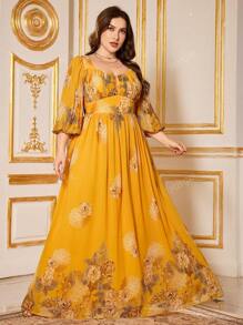 SUPGIR Plus Size Random Cut Floral Print Sweetheart Neck Long Lantern Sleeve Chiffon Elegant Midi Dress, Party Dress, Wedding Guest Dress, Formal Dress, Evening Dress,Gown