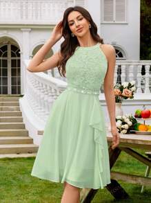 MIUSOL Floral Lace Halter Neck Ruffle Trim Chiffon Prom Party Swing Dress Elegant Semi Formal Wedding Guest Dress, For Birthday, Graduation, Homecoming
