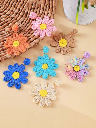 Flower Design Handmade Raffia Weaved Asymmetrical Bohemian Style Colorful Earrings, Fashion Accessory For Women