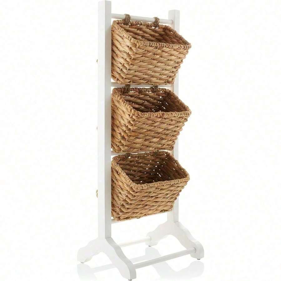 3-Tier Floor Stand With Water Hyacinth Storage Baskets, White/Natural - Standing Organizer Rack For Bathroom, Kitchen, Laundry, Living Room